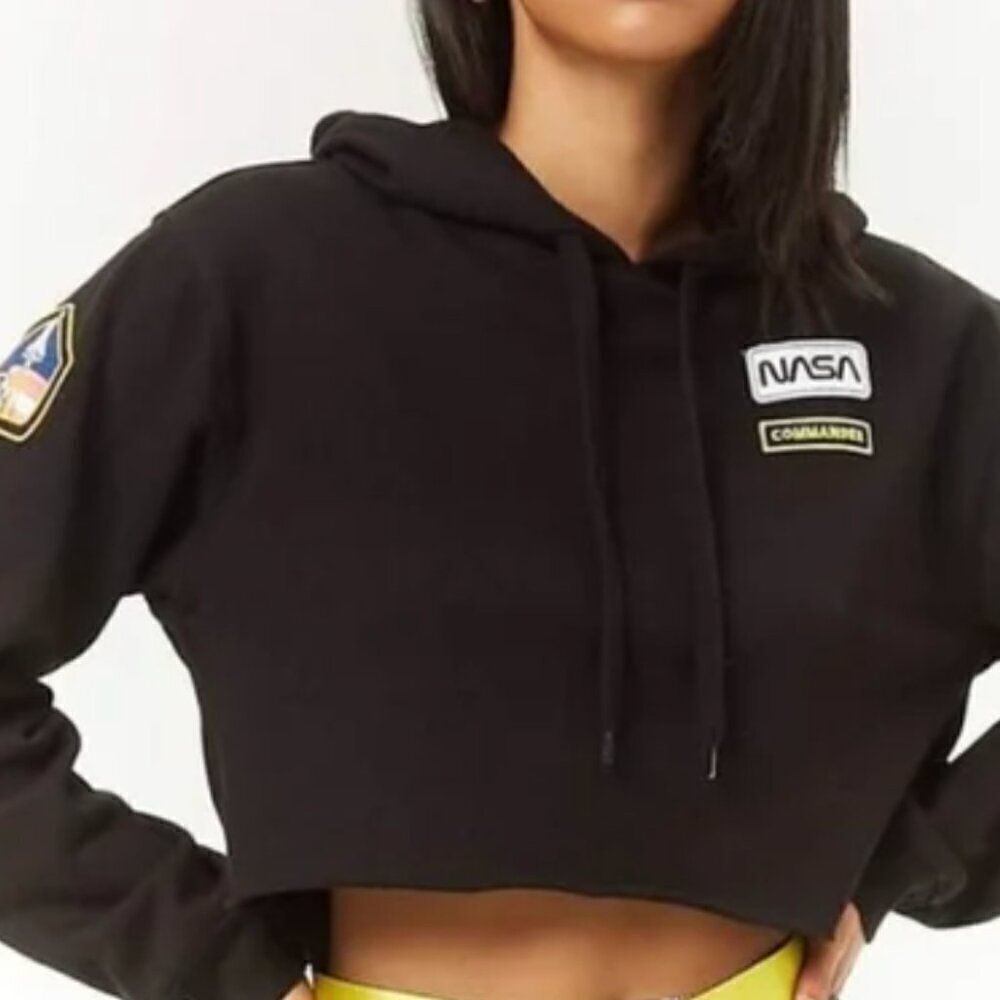 CHEMISTRY Black NASA Patches Commander Crop Sexy Astronaut Hoodie